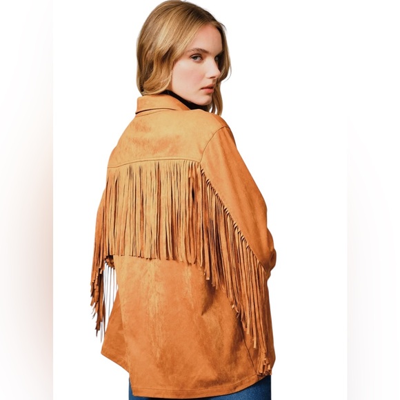 NEW Blue b Copper Brown Faux Suede Allover Back Chevron Fringe Retro Jacket S - Picture 9 of 9